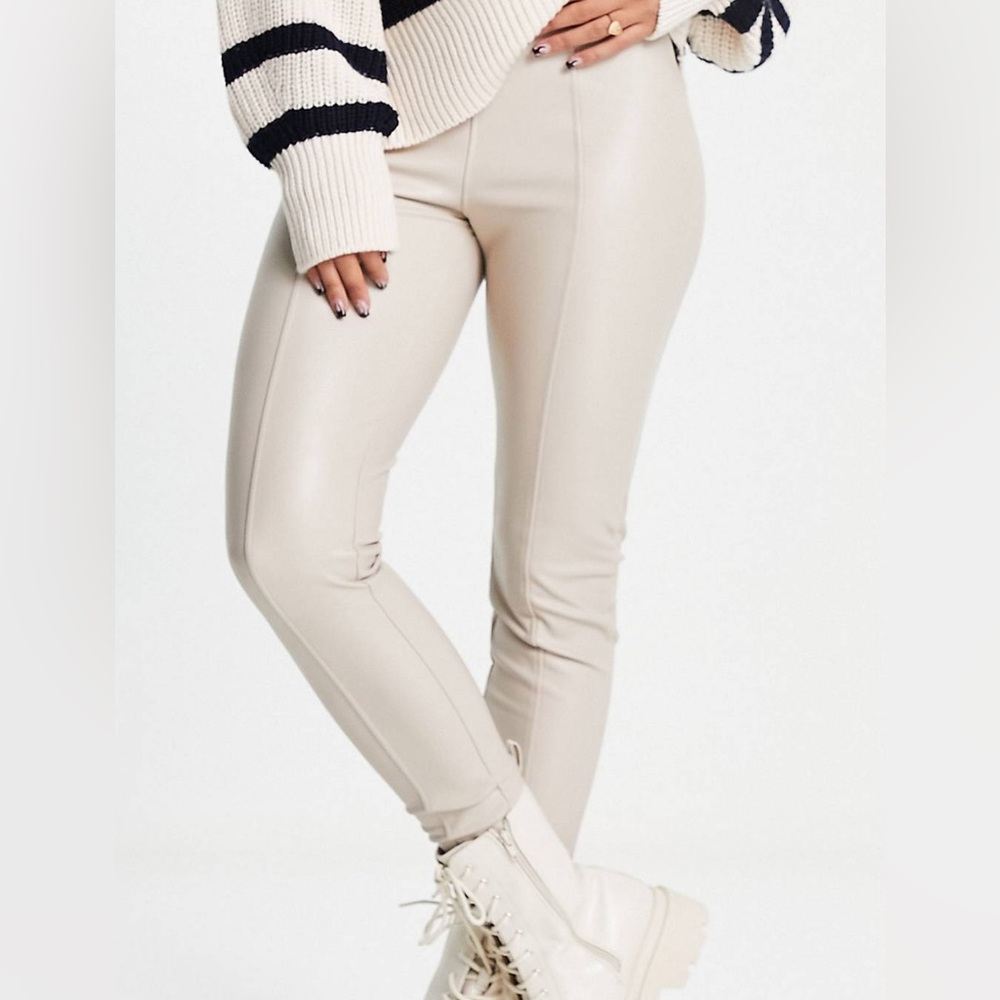High rise cream faux leather leggings